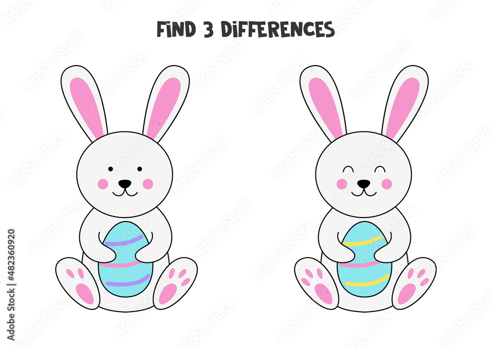 Find three differences between two pictures of Easter bunny. Find three differences between two pictures of Easter bunny.