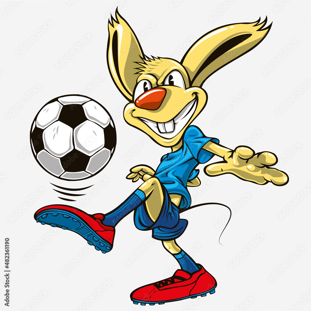 Obraz premium Soccer player rabbit with a blue uniform dribbling the ball. Football concept soccer mascot rabbit.