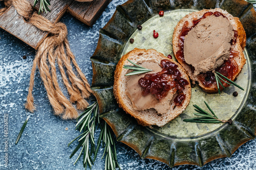 Canapes with chicken liver pate and onion chutney, Homemade duck liver pate with red onion jam. Gourmet appetizers. banner, menu, recipe place for text, top view