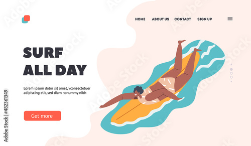 Surfing Fun Landing Page Template. Young Woman Surfer Character in Bikini Lying on Surfboard Row with Hands Catch Wave