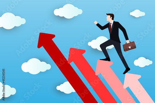 businessman steps up the arrow steps according to level in sky. concept of Development and ambitions of businessmen for success. vector illustration