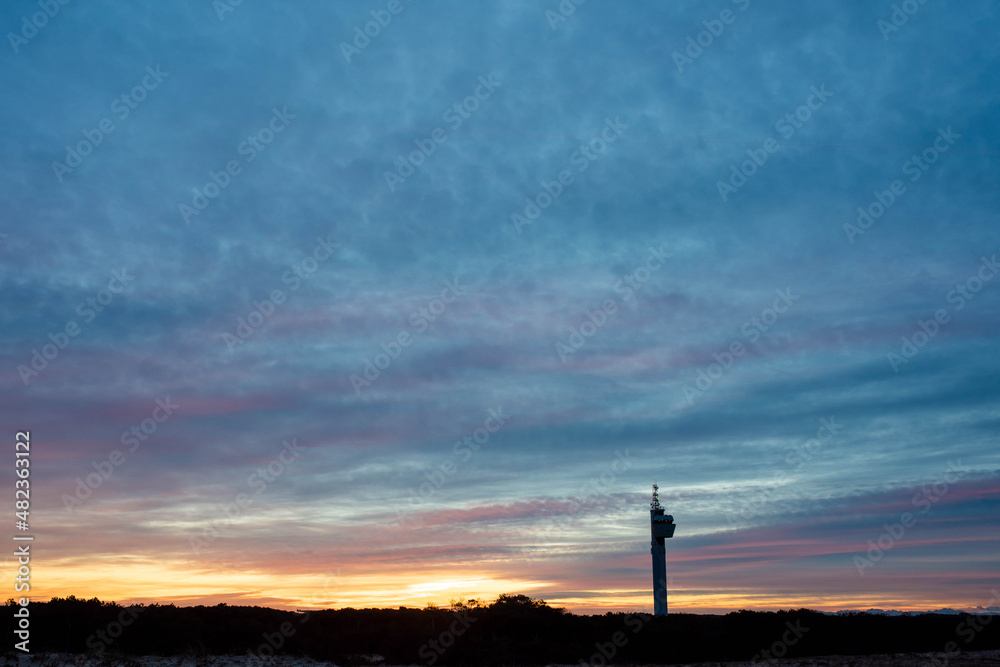 sunrise over the beach of Messanges and its semaphore in southwestern France