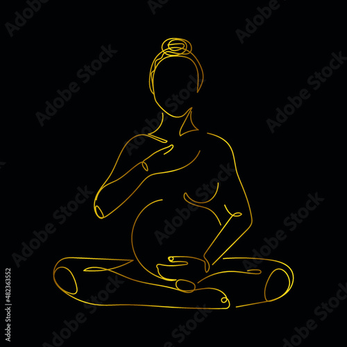 meditating pregnant woman, golden line art illustration