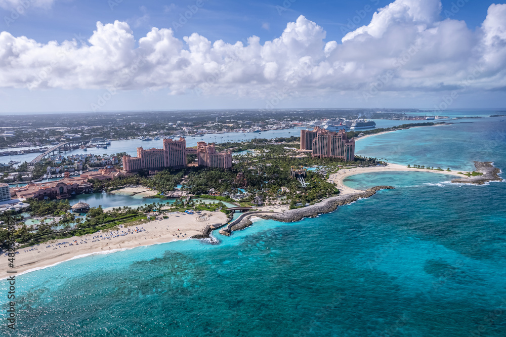 The drone panoramic view of Paradise Island, Nassau, Bahamas.