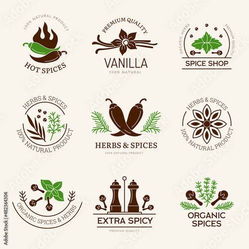 Spices labels. Herbs natural aroma kitchen healthy ingredients from leaves recent vector badges templates isolated