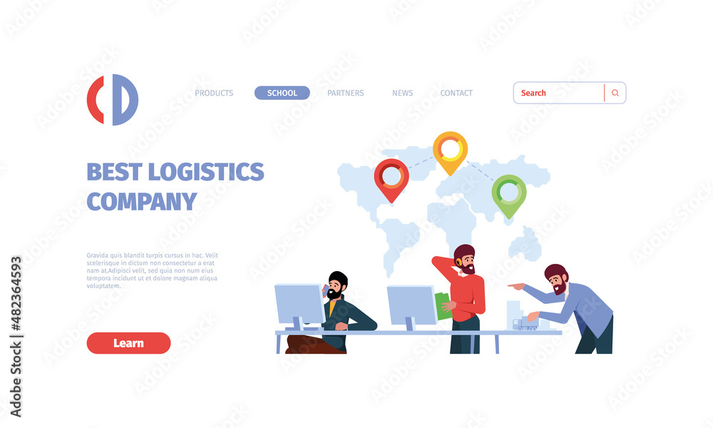 Logistic landing. Worldwide cargo team delivery organisation warehouse distribution export services garish vector web page template with place for text Logistic landing. Worldwide cargo team delivery organisation warehouse distribution export services garish vector web page template with place for text