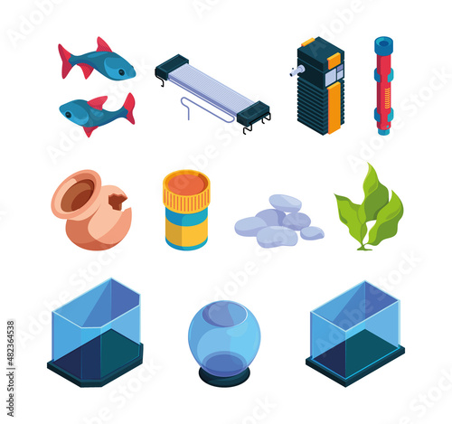 Decorative aquarium. Interior glass tanks with water different 3d shapes home for fishes tools for aquarium filter underwater reef tropical pets garish vector isometric set