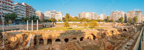Panoramic view of the ancient Agora square and Roman Forum of Thessaloniki in the middle of a residential block. Travel destinations in Greek Macedonia