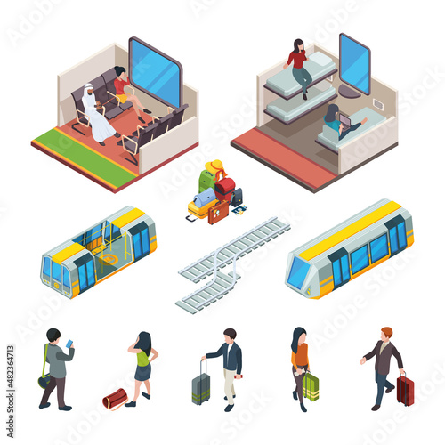 Metro trains. Urban underground metropoliten isometric items inside rail trains interior with places for voyagers with luggage garish vector metro trevellers