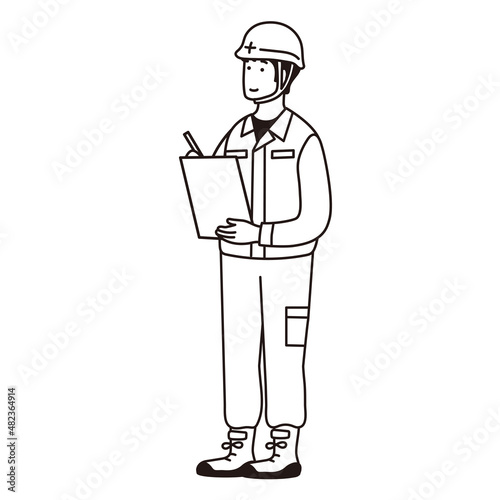 作業着を着た男性のシンプルなイラスト 　ボードを書く男性