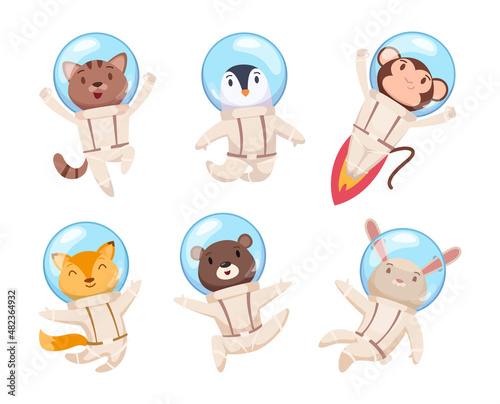 Animals astronauts. Cute pets in space helmets universe travelling dogs bear foxes exact vector cartoon animals