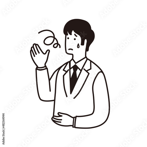 片手を上げる仕草をするシンプルな男性のイラスト 悩む表情
