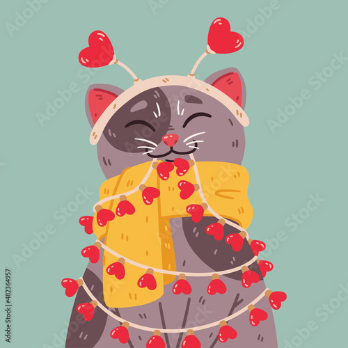 Cat with headband hearts, warm scarf, light bulbs garland. Saint valentine day 14 February greeting card. Cute vector illustration isolated on background. Romantic poster with domestic kitty. (ID: 482364957)