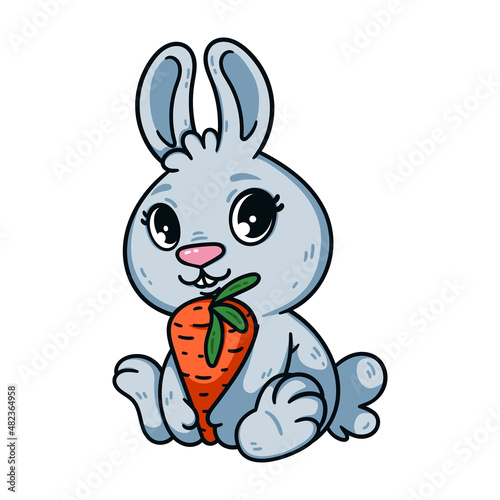 Cute little easter bunny with carrot. Rabbit the symbol of 2023 chinese new year. Hare with big eyes and vegetable. Farm animal vector illustration isolated white background. Domestic pet cartoon art. (ID: 482364958)