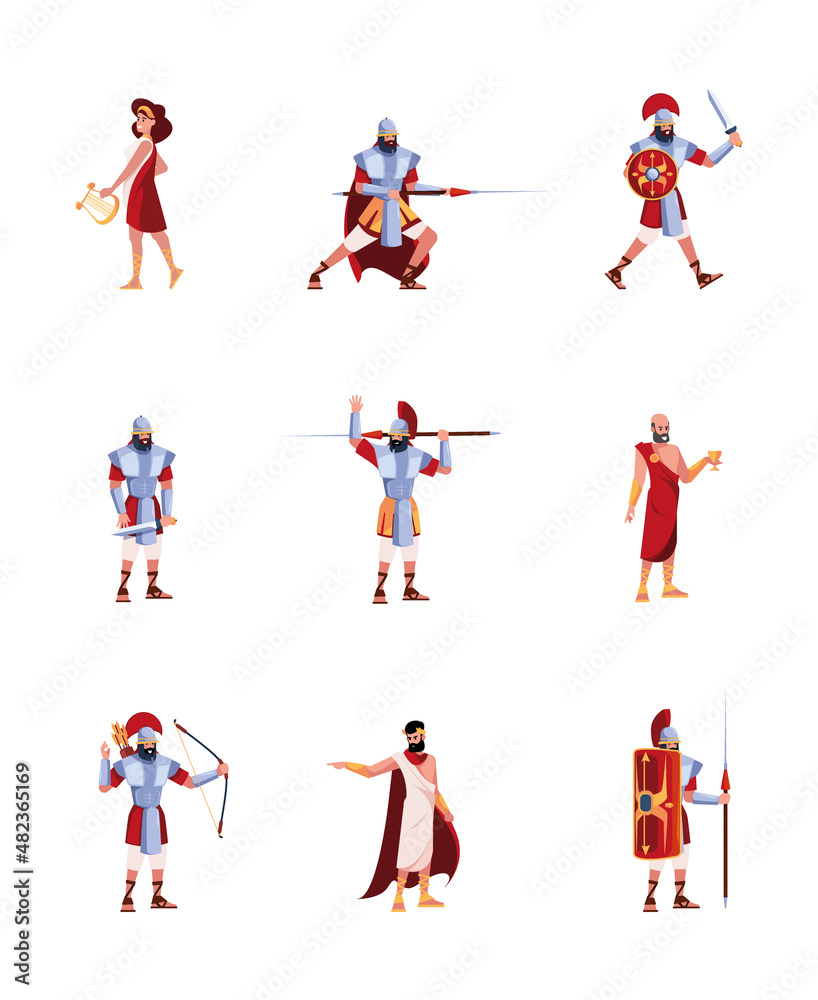 Ancient characters. Rome or greece warriors and writers medieval clothes gladiator legion soldiers garish vector flat characters isolated on white Ancient characters. Rome or greece warriors and writers medieval clothes gladiator legion soldiers garish vector flat characters isolated on white