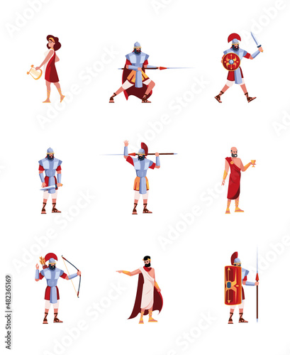 Ancient characters. Rome or greece warriors and writers medieval clothes gladiator legion soldiers garish vector flat characters isolated on white