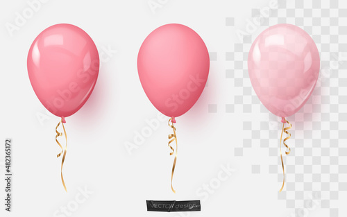 Realistic glossy, mats and transparent pink balloons and gold, golden ribbons. Vector illustration for card, party, design, flyer, poster, decor, banner, web, advertising. 