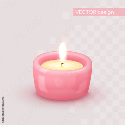 Gold tea light, candle in glossy pink cup isolated on transparent background. Holiday illustration for postcard, banner, cards, decor, design, arts, advertising.