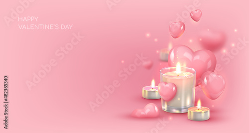 Banner with pink glossy candy half hearts and  tea lights, candles. Symbol of love. Happy Valentine's Day. Vector illustration for card, party, design, flyer, poster, decor, banner, web, advertising.