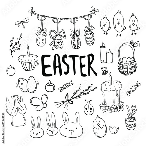 Easter traditional symbols collection - eggs, bunny, willow twigs, basket, candles, Christian church, egg decorating. Vector drawings set isolated on white background.