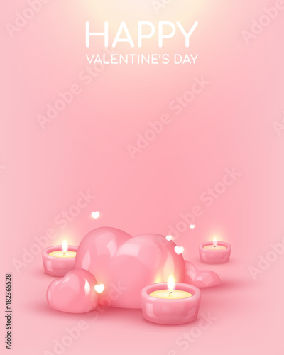 Poster with pink glossy candy half hearts and  tea lights, candles. Symbol of love. Happy Valentine's Day. Vector illustration for card, party, design, flyer, poster, decor, banner, web, advertising.
