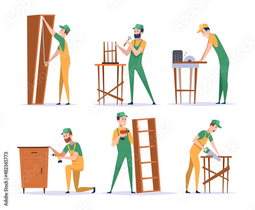 Installing furniture. Wooden manufacture service workers building chairs tables wardrobe crafted carpenter handyman exact vector cartoon people