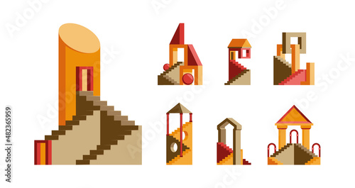 Abstract buildings. Maze houses with stairs multicolored stylized appartment geometric cityscape constructions garish vector flat colored illustrations