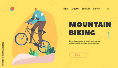 Mountain Biking Landing Page Template. Active Outdoor Summer Extreme Sport. Cyclist Sportsman Character Riding Bike