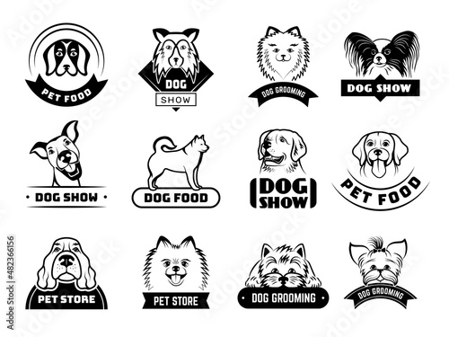 Dogs badges. Animals puppy domestic pets silhouettes stylized pictures with place for text dogs portraits recent vector templates collection