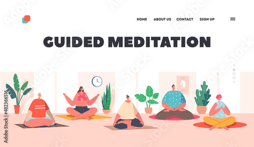 Guided Meditation Landing Page Template. Characters Yoga Class. Yogi Men and Women Meditate in Large Hall