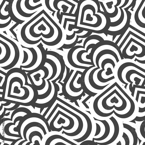 Heart seamless vector pattern, repeating texture. Monochrome striped hearts, scattered randomly. Universal background for Valentine's Day, wedding, holiday wrapping, love cards.