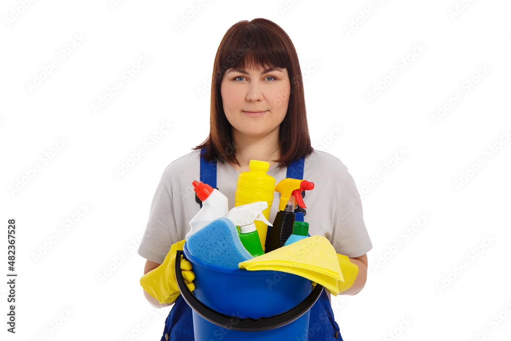 housework and cleaning concept - young female cleaner in blue uniform and yellow gloves holding bucket with cleaning equipment isolated on white housework and cleaning concept - young female cleaner in blue uniform and yellow gloves holding bucket with cleaning equipment isolated on white