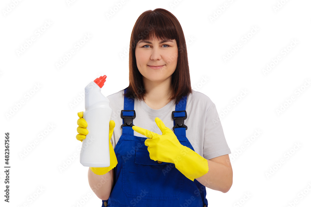 cheerful woman in uniform and yellow rubber gloves holding plastic bottle with toilet cleaner isolated on white cheerful woman in uniform and yellow rubber gloves holding plastic bottle with toilet cleaner isolated on white