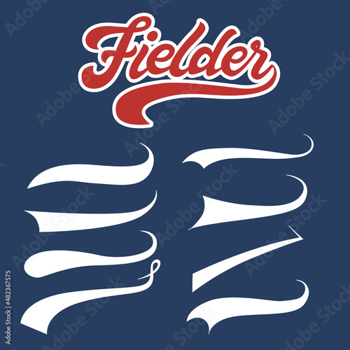 Swoosh and swash typography tails shape. Underline retro swoop wave line for athletic tshirt. Vector strockes set