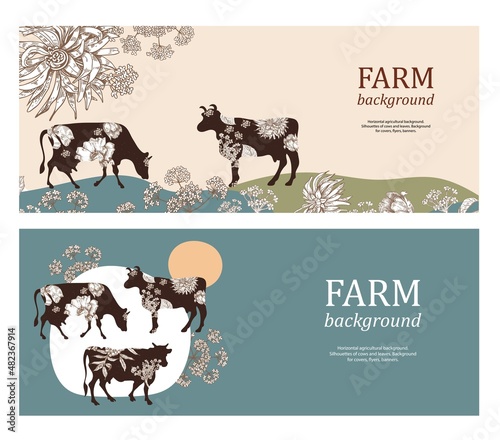 Horizontal agricultural background. Silhouettes of cows and flowers.