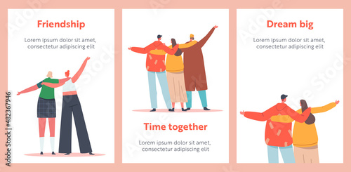 Hugs with Friends Rear View Cartoon Banners. Diverse Multiracial Male Female Characters Stand in Row Hugging Each Other