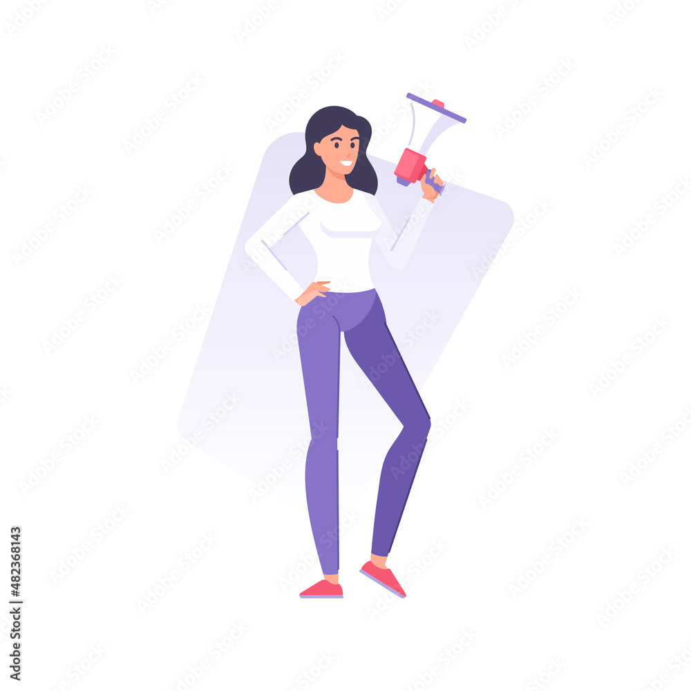 Smiling young business woman holding megaphone for voice loud advertising vector flat illustration