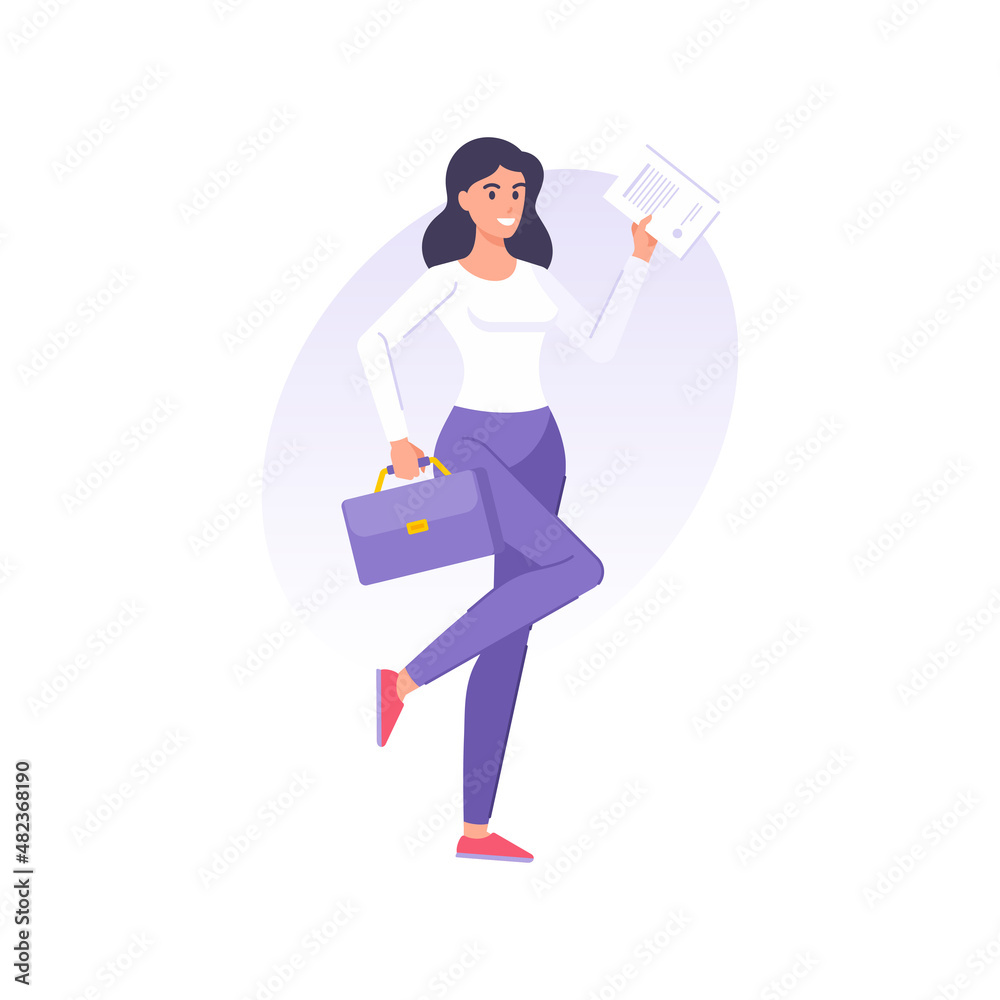 Happy cute young business woman with legal stamp paper document contract agreement vector flat Happy cute young business woman with legal stamp paper document contract agreement vector flat