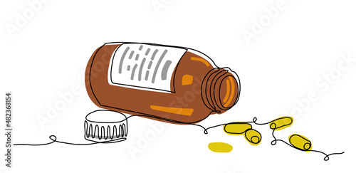 Bottle with scattered pills, tablets, capsules, vitamins. One continuous line art drawing vector illustration of drugs, medicaments, nutritional supplements from bottle