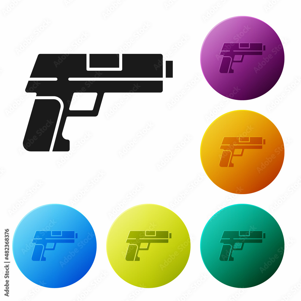 Black Pistol or gun icon isolated on white background. Police or military handgun. Small firearm. Set icons in color circle buttons. Vector