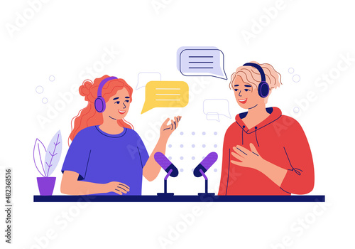 Woman and man talking on  interview. Concept of podcast in studio. People in headphones on live streaming, broadcast, recording audio, online show. Flat vector illustration 