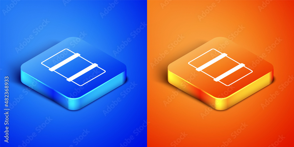 Isometric Metal beer keg icon isolated on blue and orange background. Square button. Vector Isometric Metal beer keg icon isolated on blue and orange background. Square button. Vector