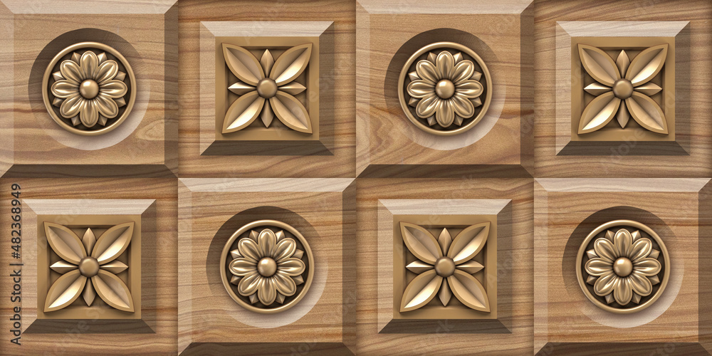 3D Golden flower wooden wall tiles design, Print in Ceramic Industries  Beautiful set of tiles in traditional style in wall decor design  ilustración de Stock | Adobe Stock