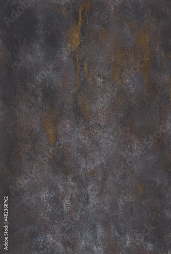 Black metallic texture with brown streaks. Dark iron cast iron sheet with patina and rust.