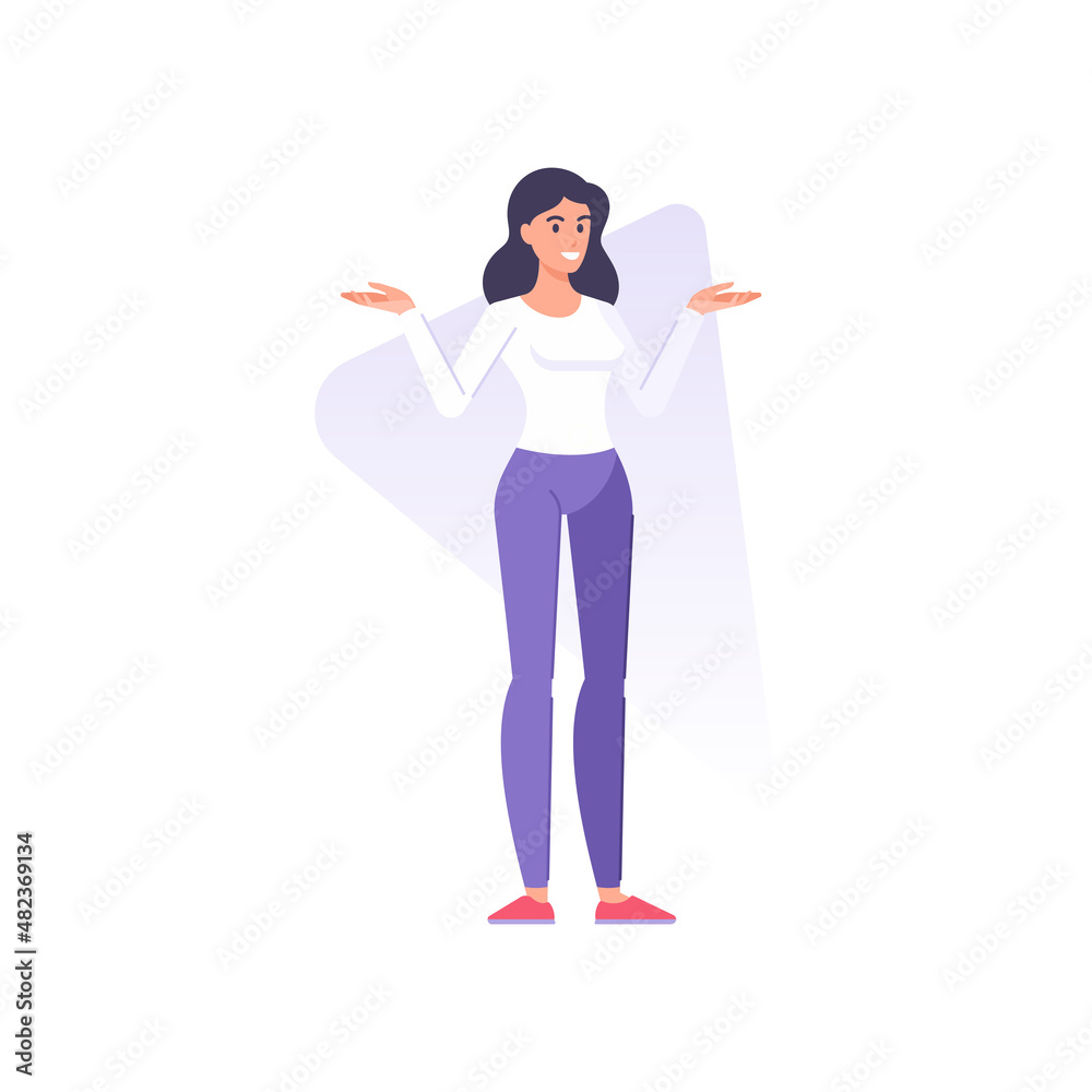 Happy brunette woman uncertain gesture with raising hands vector flat illustration choosing between Happy brunette woman uncertain gesture with raising hands vector flat illustration choosing between
