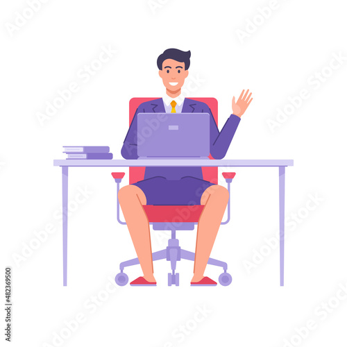 Smiling business man working remotely sitting at desk with laptop in suit, panties and slippers