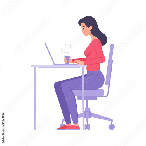 Confident business woman working use laptop sitting at desk with hot tea coffee beverage side view