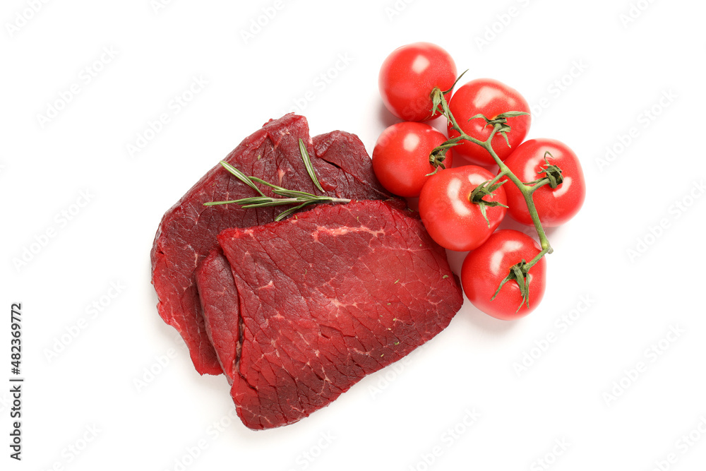Raw beef steaks with tomatoes isolated on white background