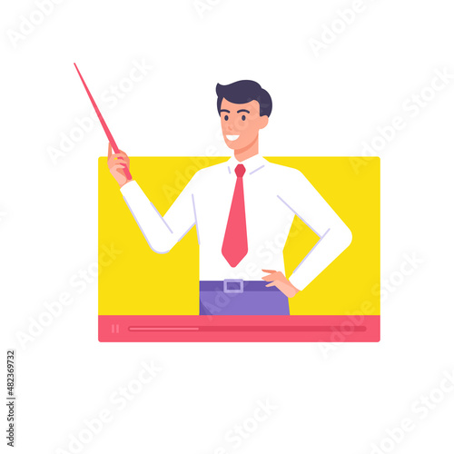 Male business coach holding pointer talking at video lesson online elearning remotely education