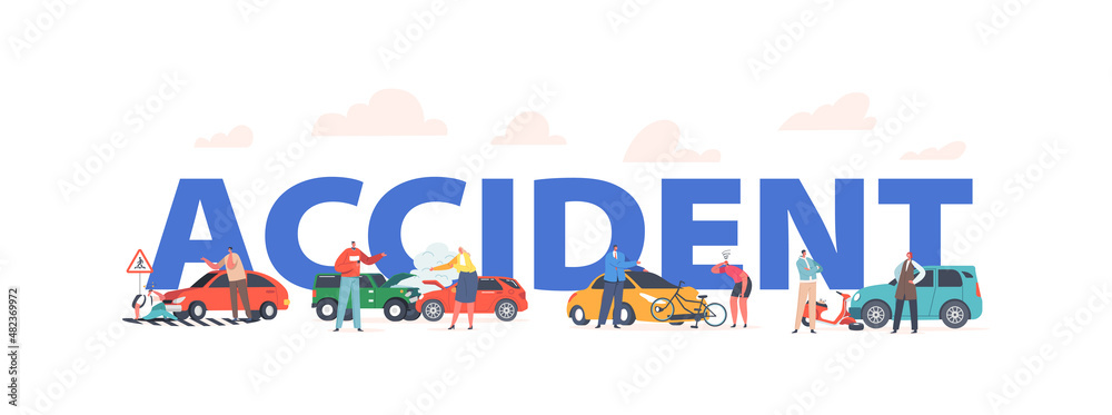Car Accident with People on Road Concept. Broken Automobiles with Steam, Car Bump into Scooter, Sedan Bump into Bicycle